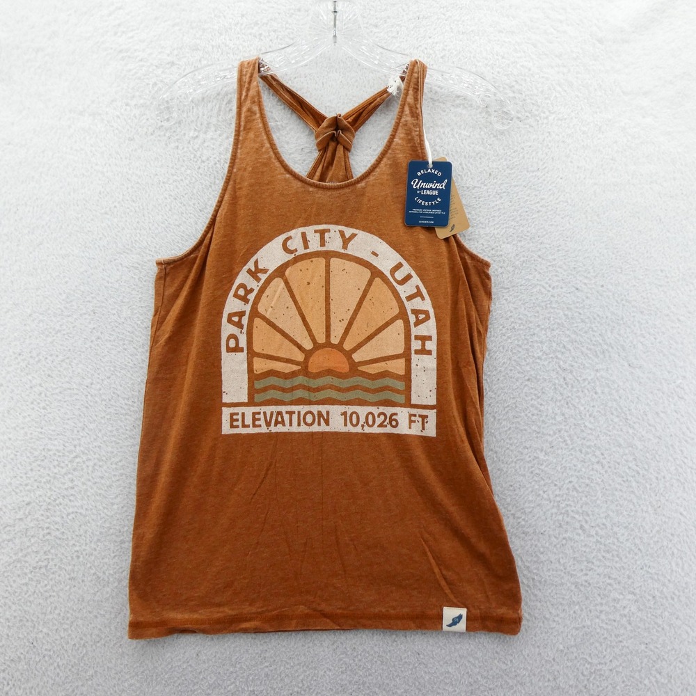 League Tank Top Womens Medium Park City Utah Orange Sun Knotted Racerback Cotton